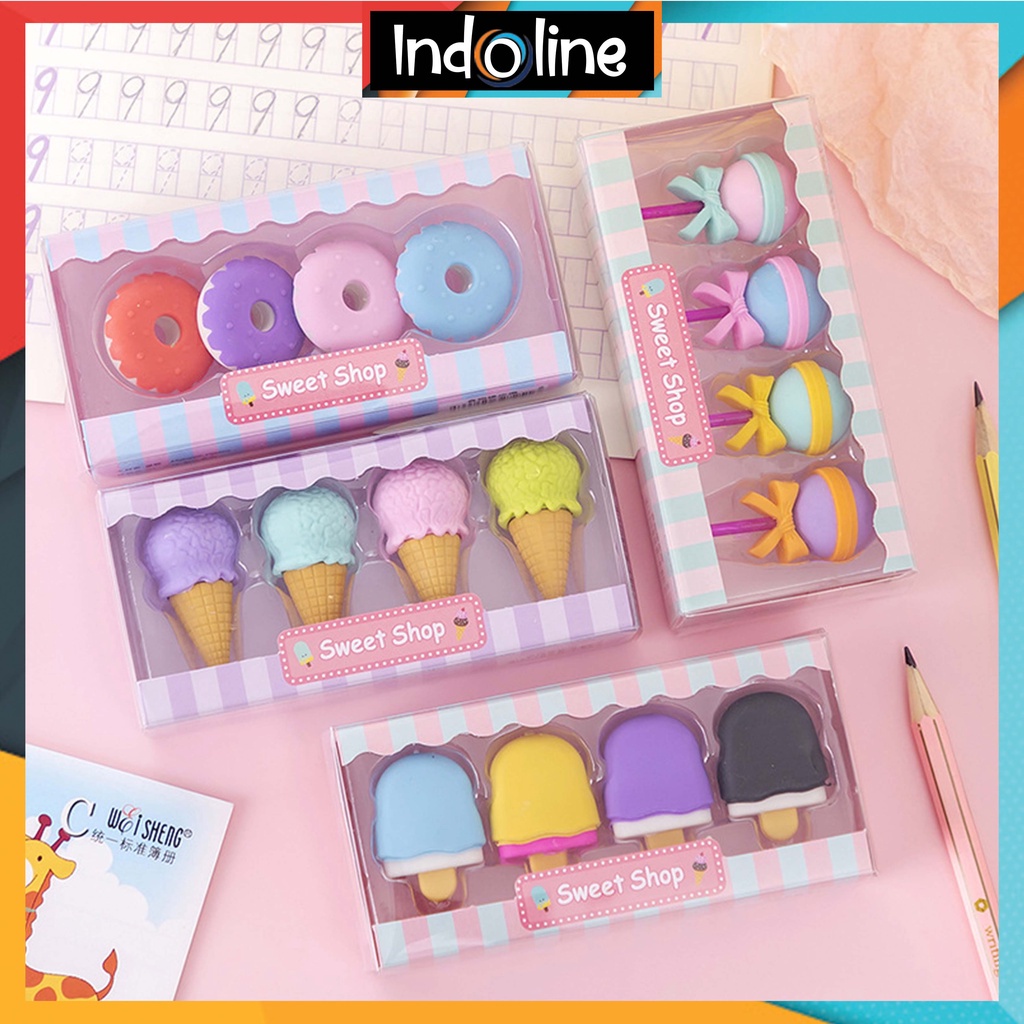 

✔️ Penghapus Pensil Karakter Sweet Shop Cone Lolipop Ice Cream Donut Set 4 Import COD