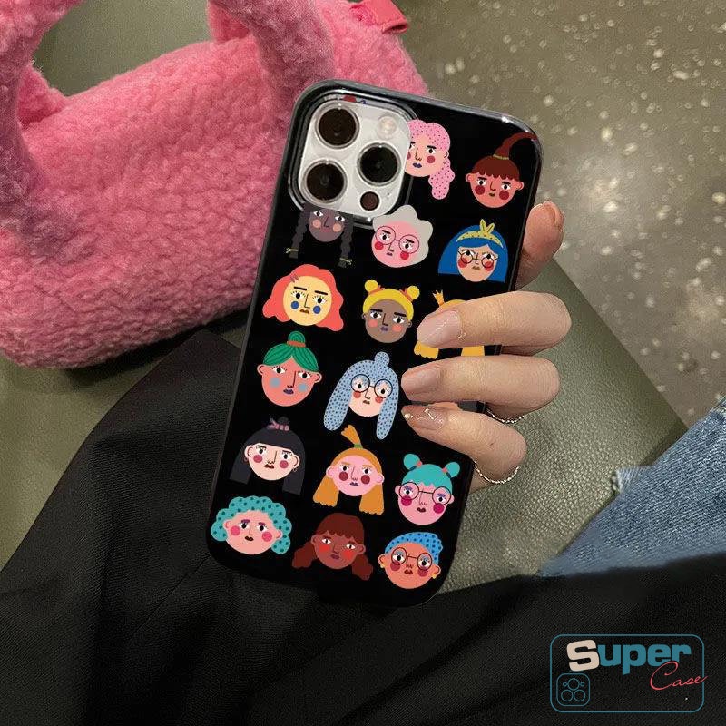 Ins Fashion Creative Case Kompatibel Untuk IPhone 7Plus 8Plus XR 14 11 13 12 Pro Max 7 8 14 Plus X XS Max SE 2020 Kartun Avatar Lucu Glossy Halus Lembut TPU Hitam Cover