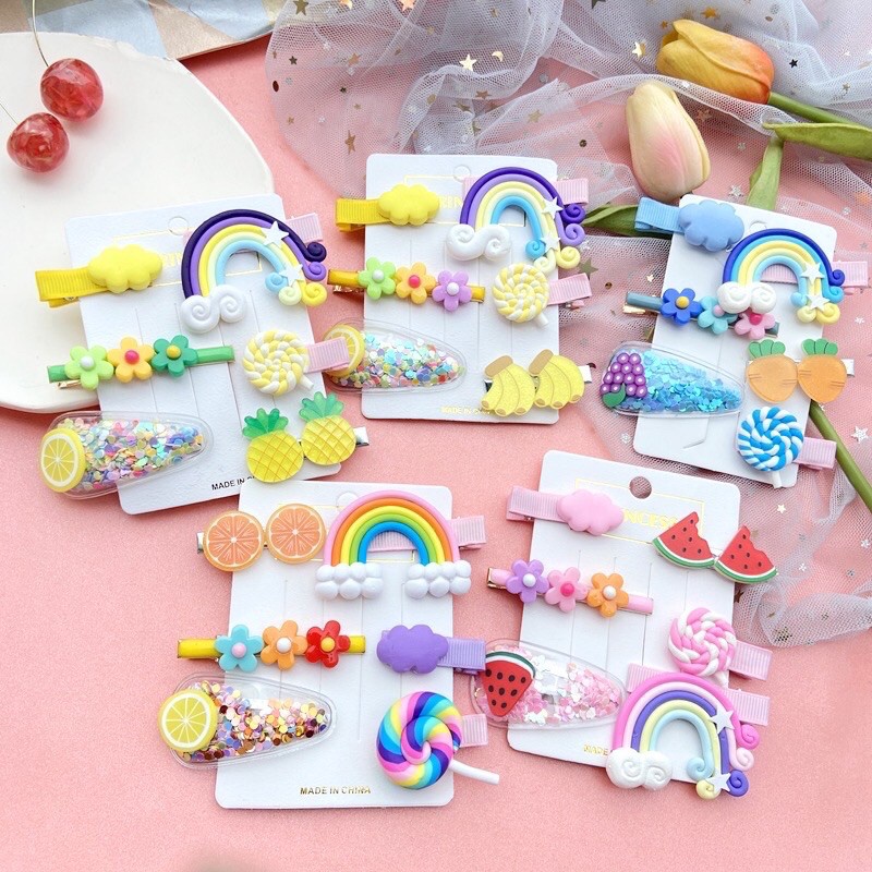 LDS Jepit Rambut Anak Poni Rainbow Buah Permen 6 in 1 / Hair Clip Pelangi Candy Fruit Motif Karakter Lucu / Aksesoris Gaya Korea Import Murah