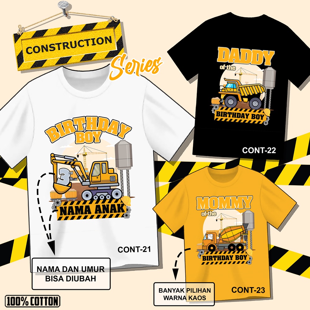 Kaos ulang tahun EXCAVATOR Baju ultah TRUCK TRAKTOR COUPLE  ANAK DAN DEWASA