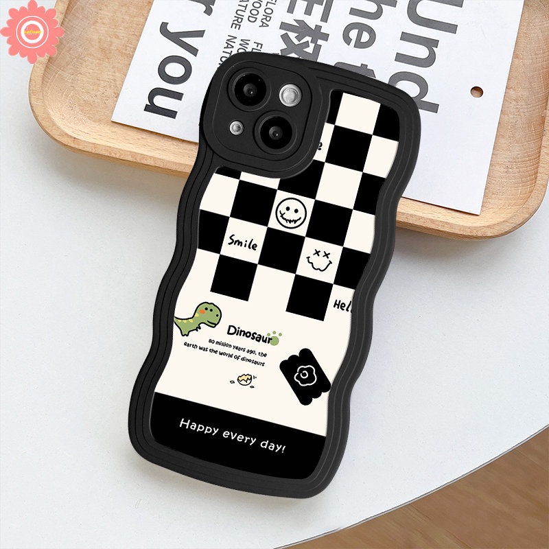 Casing Papan Catur Fashion Realme C53 C15 C25 C11 C30 9 9Pro+9i C25s 8i 5 6i 8 8Pro C33 C21Y C12 10 C25Y C17 C20 C3 7i 5i 7senyum Lucu Kartun Dinosaurus Lembut TPU Wavy Edge Case