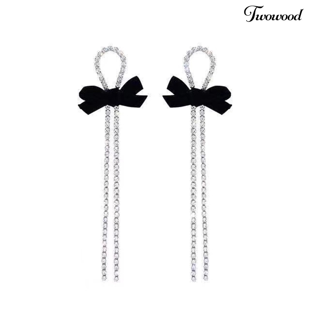 Twowood 1pasang Anting Wanita Berkilau Semua Pertandingan Shiny Efek Visual Desain Rumbai Panjang Anti-Oksidasi Hias Alloy Wanita Bow-knot Earrings Perhiasan Pesta Pernikahan Untuk Wanita