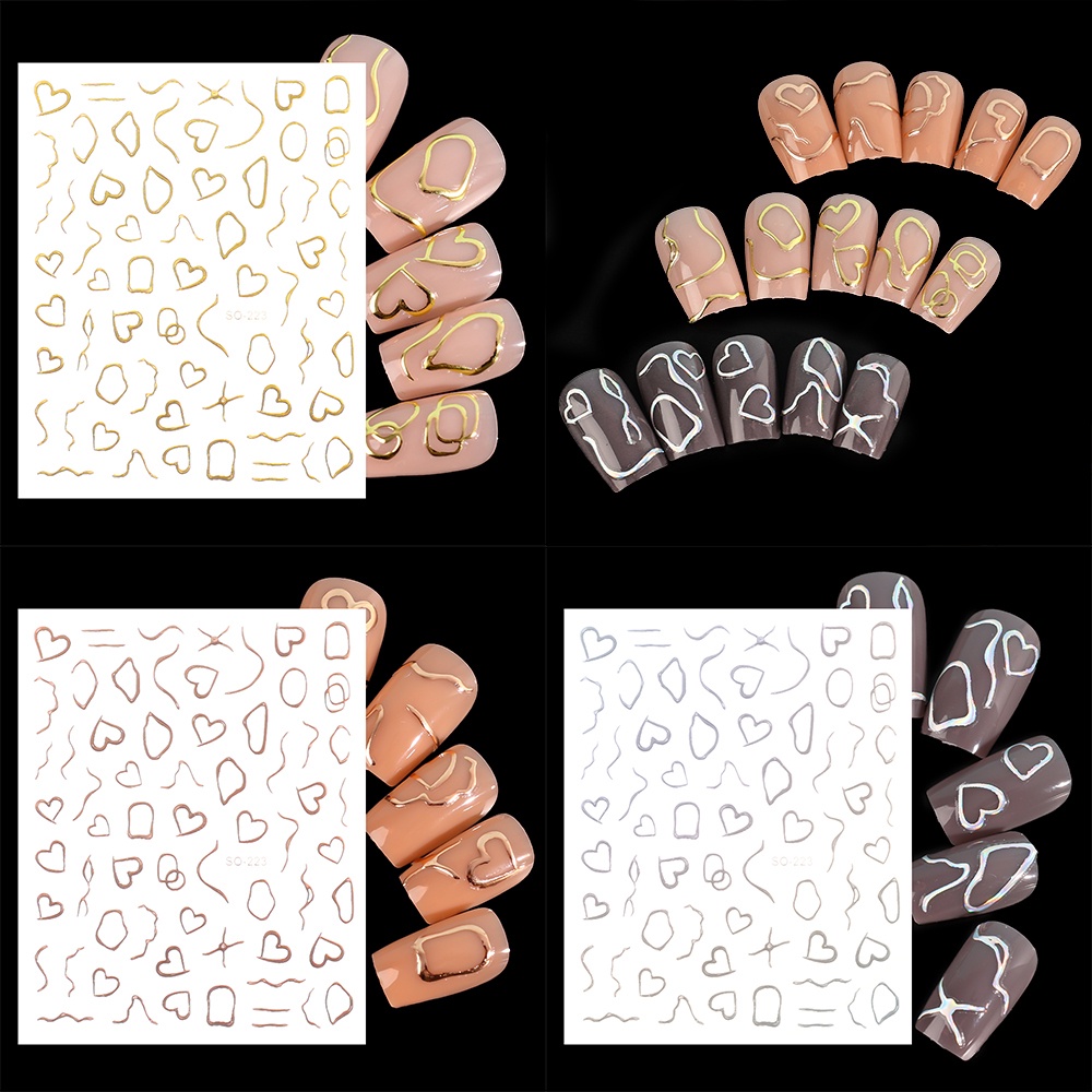 Stiker Kuku Berbentuk Hati 3D/stiker Kuku Garis Marmer Geometris Manicures