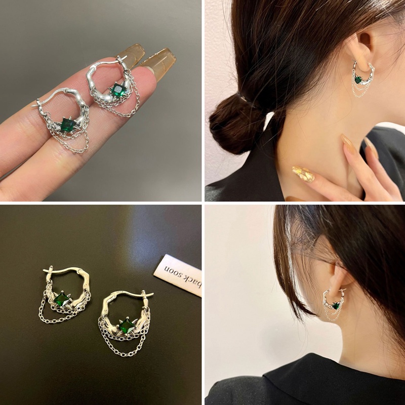 Emerald Zirconia Rantai Rumbai Thai Silver Ear Buckle Earrings Untuk Wanita Gadis Manis Fashion Retro Baru Perhiasan Hadiah Pesta