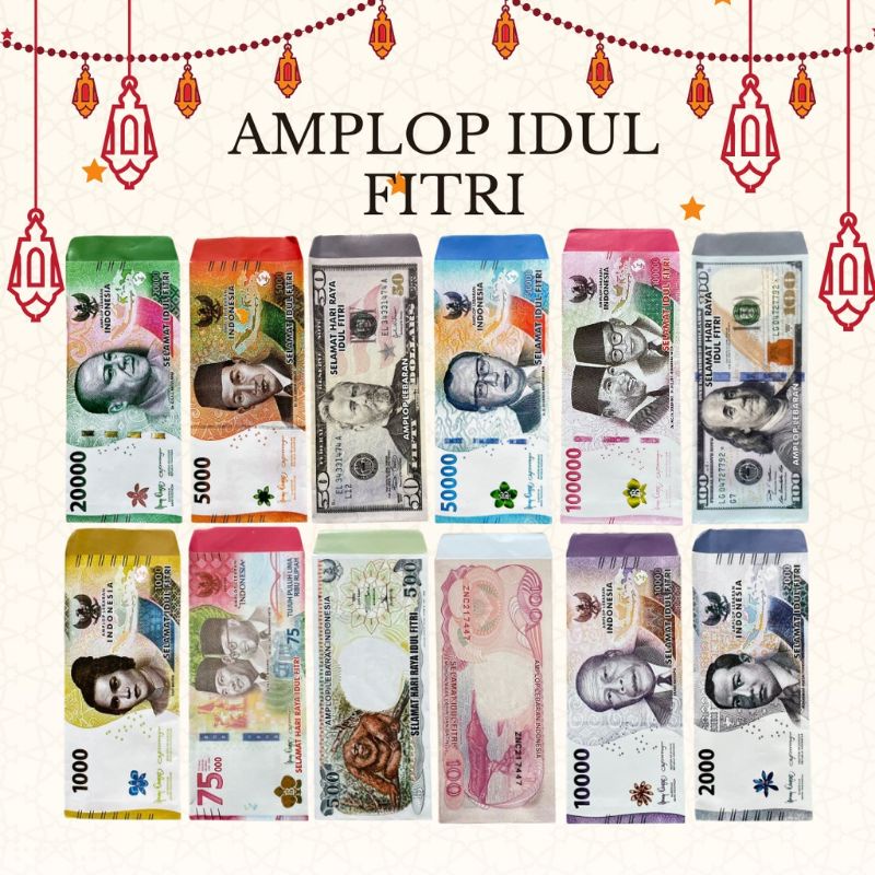 1 PAK ISI 10 AMPLOP LEBARAN MOTIF UANG RUPIAH