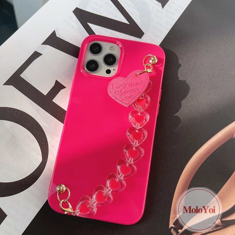 IPHONE Luxury Glossy Rose Red Smooth Case Kompatibel Untuk Iphone14 11 13 12 Pro Max 7Plus X7 8 Plus XR XS Max SE 2020 Simple Warna Solid Soft Tpu Cover Dengan Gelang Love Heart