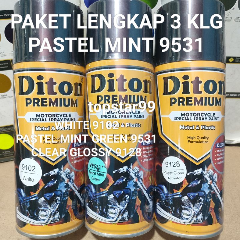 Diton Premium Paket Lengkap 3 Kaleng 400cc Hijau Mint Pastel Mint Green 9531 White 9102 Clear Glossy 9128 Pilox Pilok Cat Semprot Spray Paint