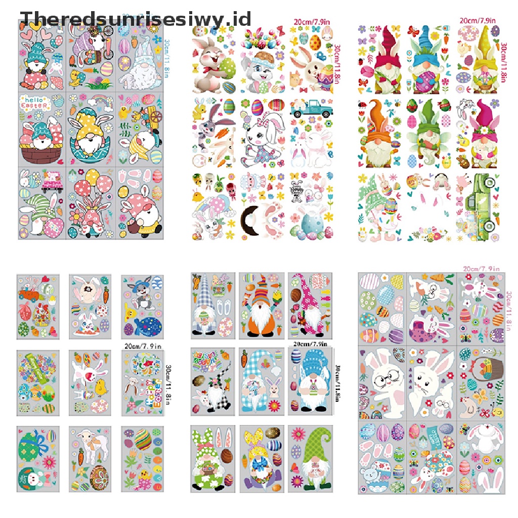 # Baju Lebaran # 9pcs Stiker Jendela Kaca Happy Easter Colorful Bunny Eggs Wall Sticker 20x30cm~
