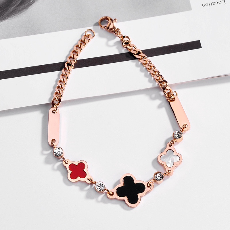 Gelang Desain Clover Gaya Klasik | Gelang Bahan Titanium Stainless Steel 18K Warna Rose Gold