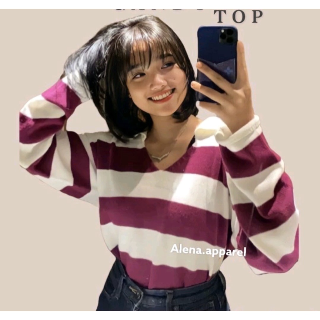 TOP WANITA / IKANAN STRIPE / KNIT RAJUT / LENGAN PANJANG / CROP / TERBARU