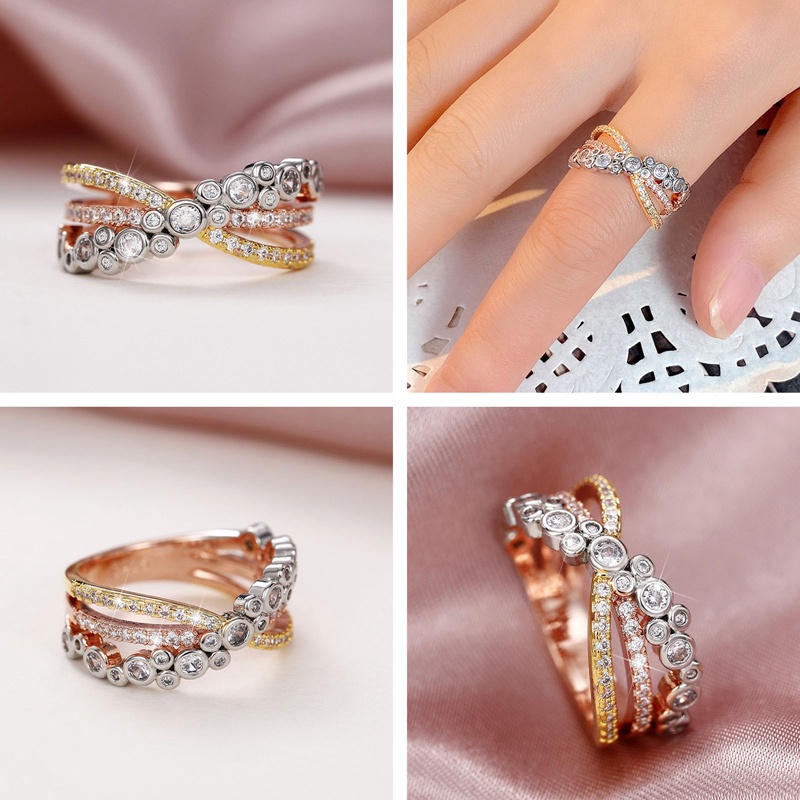 Cincin Kawin Wanita Desain Tiga Warna Mewah Bertatahkan Bling Putih Cubic Zirconia Fancy Cross Finger Rings Perhiasan Khusus Diminati