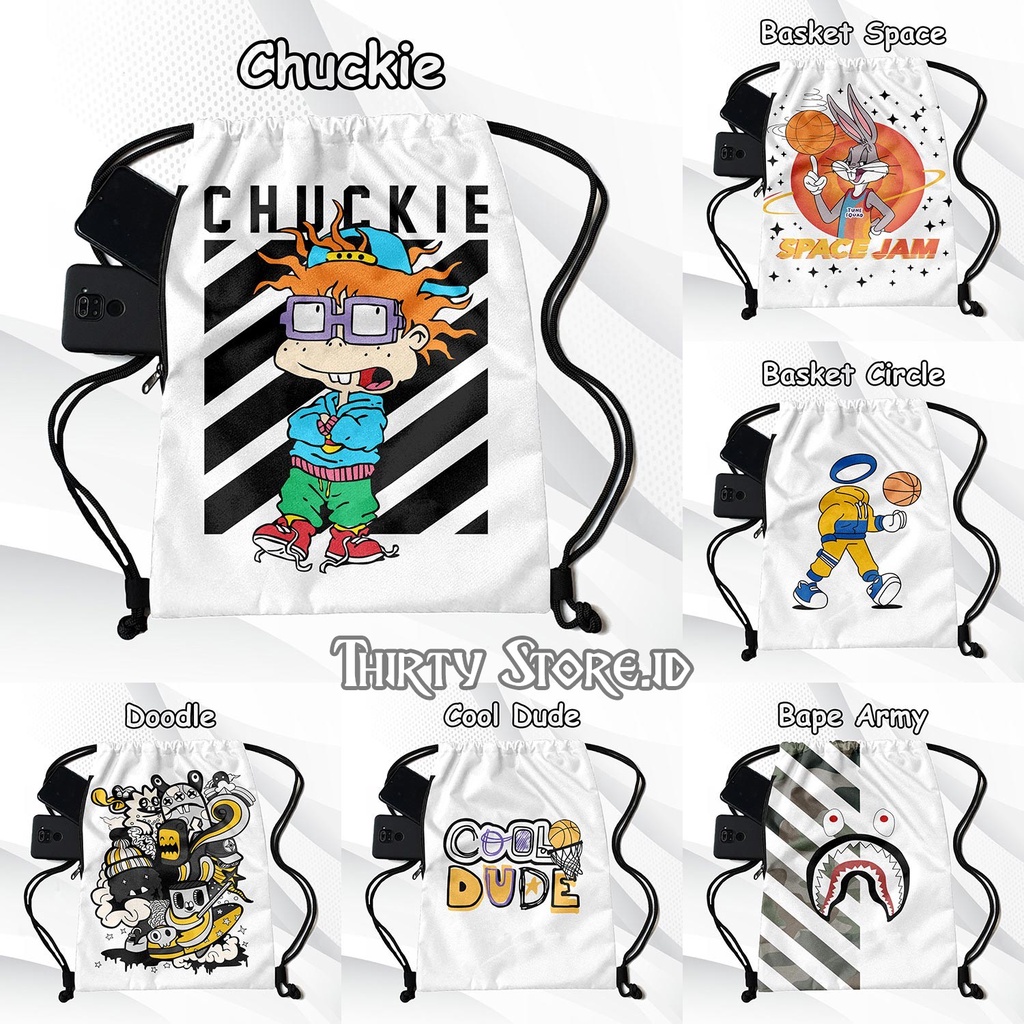 Tas Serut Full Print Stringbag Gendong Waterprouf Multifungsi Kanvas Tebal 2 Ruangan