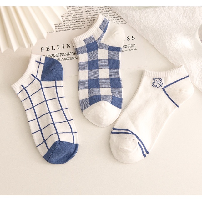 PA Kaos Kaki Wanita Pria Pendek SS211 Kaos Kaki Beruang Unisex Semata Mata Kaki Ankle Motif Bear Kotak-Kotak Garis Biru Socks Korean Model Simple Cute SS211