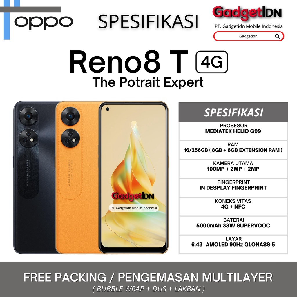 OPPO RENO 8T 4G 16/256GB ( 8GB + 8GB EXTENSION RAM ) OPPO RENO8 T GARANSI RESMI OPPO