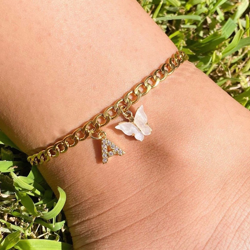 Gelang Kaki Inisial Kupu-Kupu Handmade Rantai Kuba Kupu Putih 26huruf Initial Anklets Pantai Perhiasan Kado Wanita Remaja Perempuan