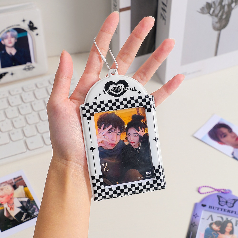 3 Inch Ungu Kupu-Kupu Card Holder Ins Checkerboard Korea Kpop Idol Photocard Protection Card Case Student ID Card Badge Holder