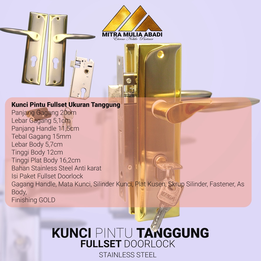 Kunci Pintu Gagang Tanggung 20cm Silinder Full Set lengkap Gold