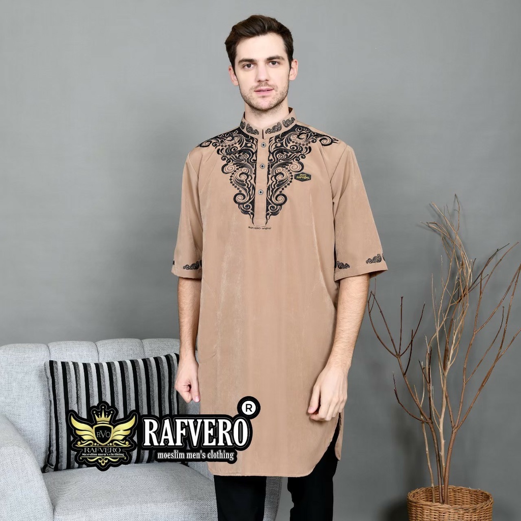 Baju Muslim Koko Pria Qurta Pakistan Bordir Premium Lengan Pendek Brand Rafvero M L XL Bisa COD