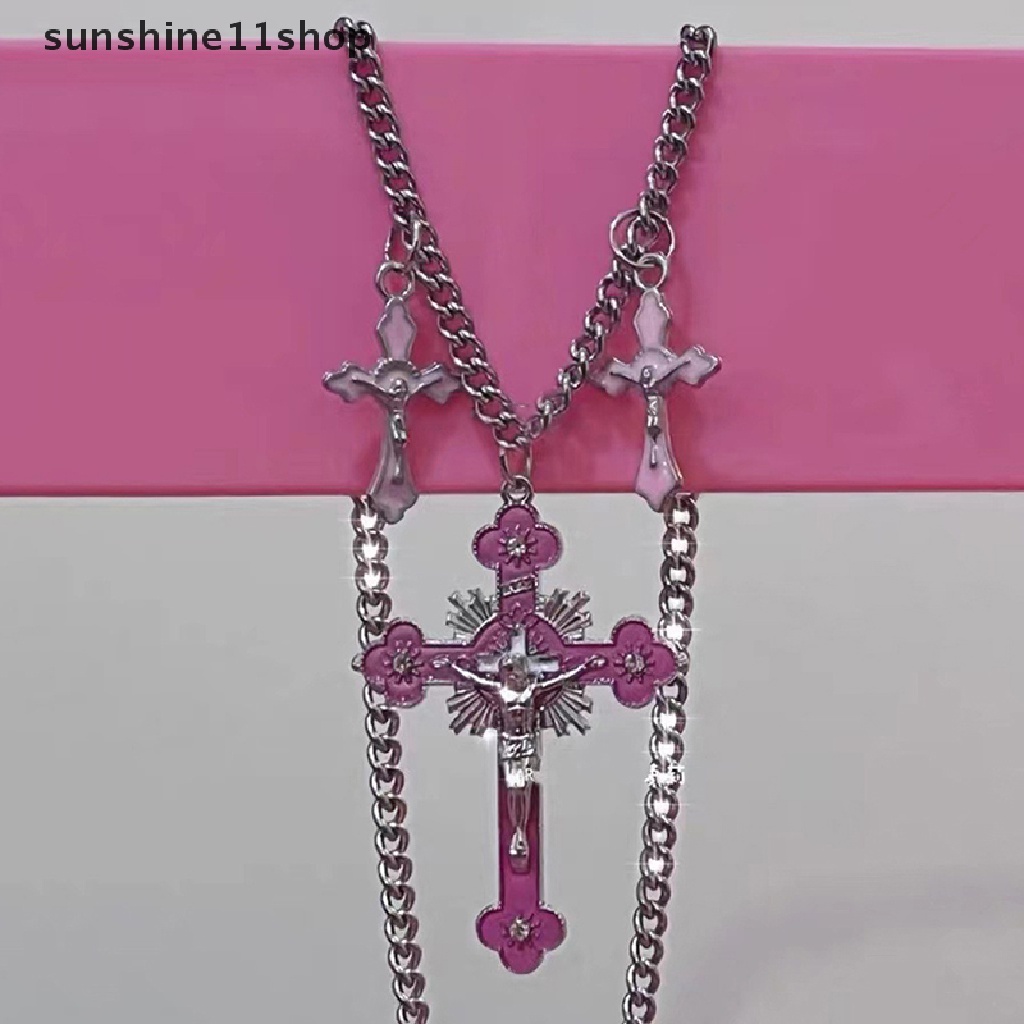 Sho Punk Rain Skull Cross Necklace Korea Fashion Aesthetic Unik Liontin Kalung Wanita Keren Egirl Jewelry Chain N