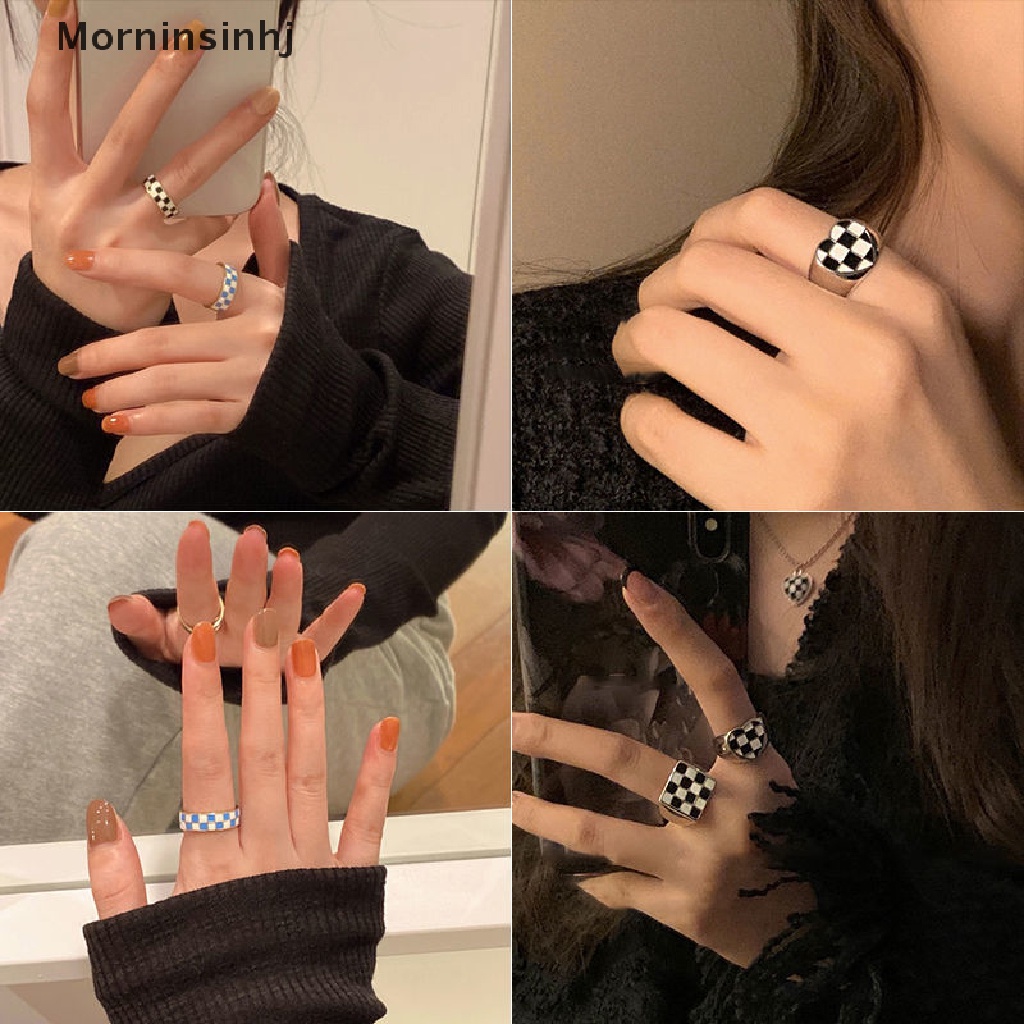 Mornin Vintage Jari Telunjuk Cincin Cinta Sederhana Hati Cincin Hitam Dan Putih Kotak-Kotak Diperiksa Cincin Untuk Wanita Rock Hip Hop Twist Geometri Terbuka Rings Fashion Ins Perhiasan Hadiah id