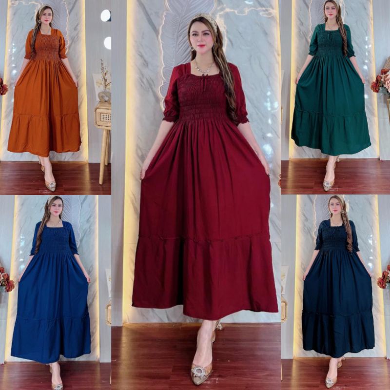 [BISA COD BAYAR DIRUMAH] LONGDRESS SMOK POLOS SUPER KLOK REMPEL LINGKAR DADA 120CM// DRESS RAYON BALI ADEM