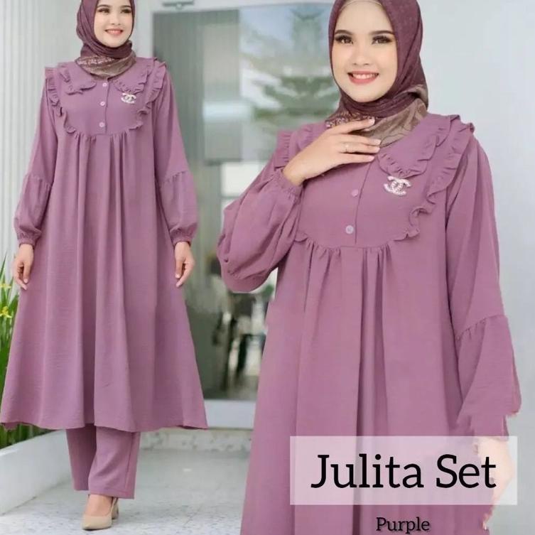❊ RAYON crinkle JUMBO julita - One Set Tunik Anggita bahan Rayon premium full kancing adem tali samp