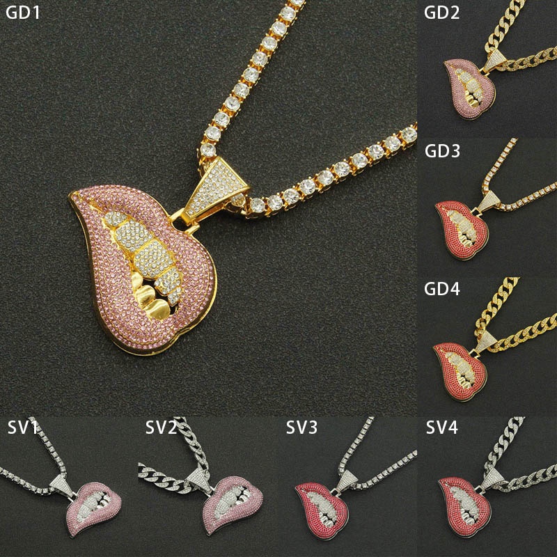 Fashion Bite Lip Shape Pendant Kalung Untuk Wanita Bling Es Keluar Rantaicrystal Miami Kuba Rantai Hip Hop Necklaces Jewelry