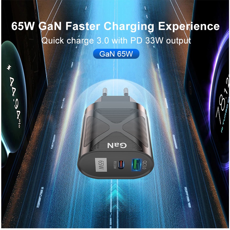 Charger GaN 65W PD Fast Charging Charger Handphone QC3.0 Sumber Cas Umum Laptop