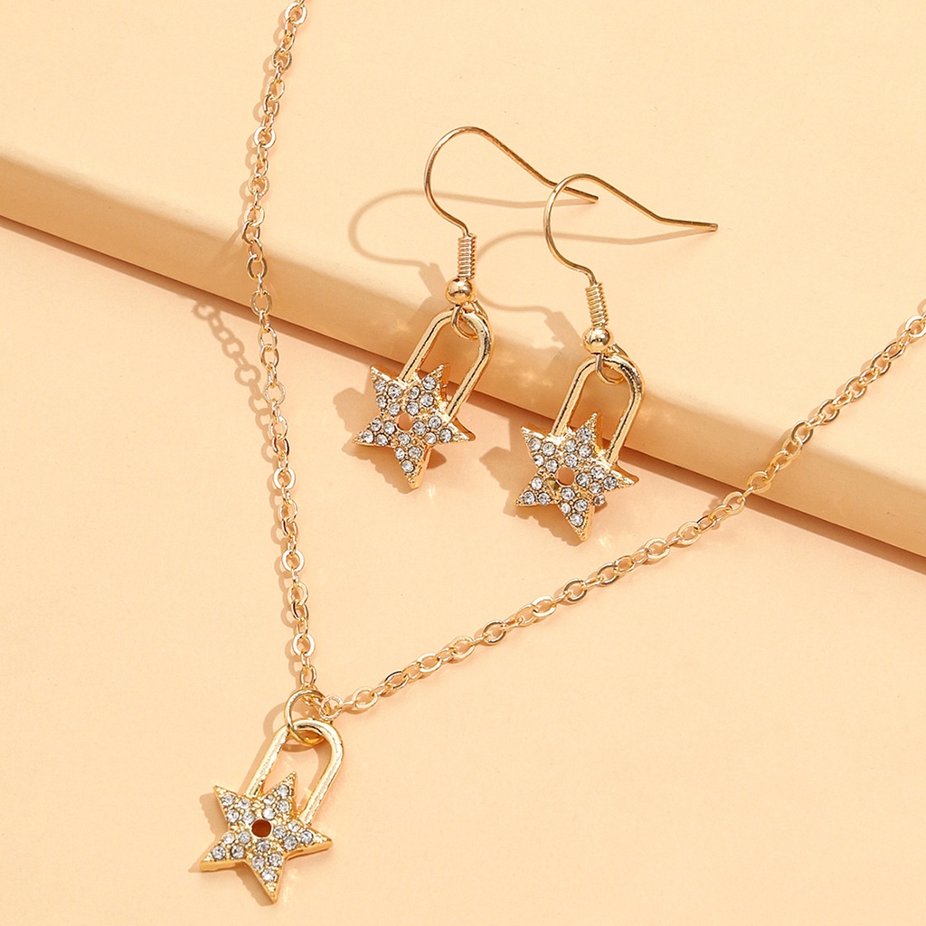 Desain Penuh Gaya Dan Sederhana, Manis Dan Elegan, BlingBling Dengan Berlian, Liontin Bintang Lima Titik, Kalung Anting, 2-piece Set