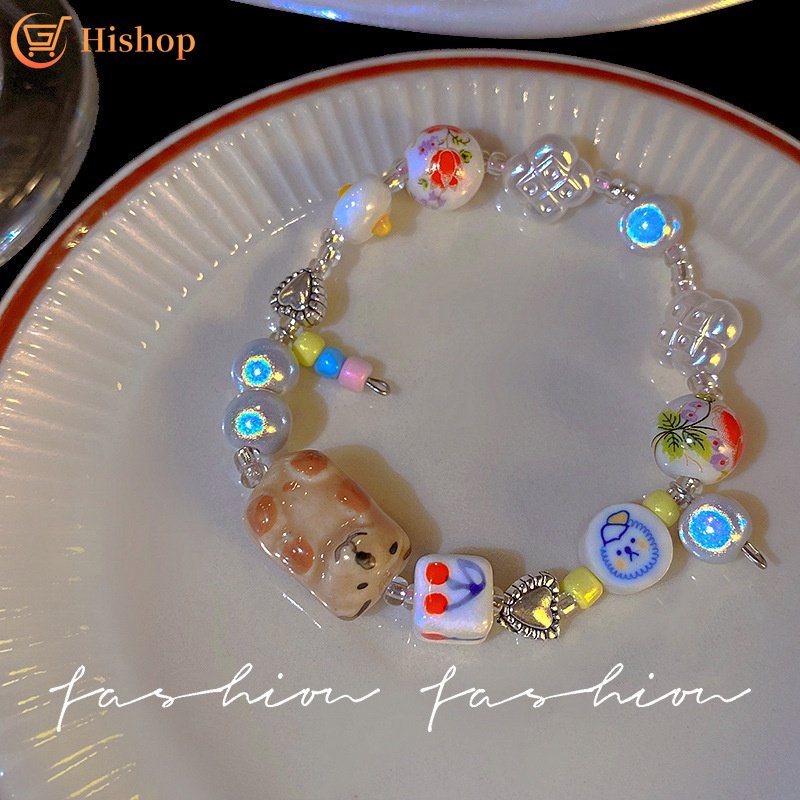 Gelang Batu Porselen Kartun Lucu Resin Beruang Hati Rantai Bracelets Untuk Aksesoris Perhiasan Wanita