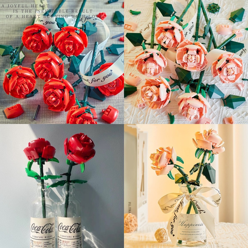 DIY Mainan Brick Balok  Buket Bunga Blok Susun Bangunan Flower Bouquet Untuk Dekorasi Meja Hadiah Ulang Tahun / Mawar blok bangunan (kotak warna)