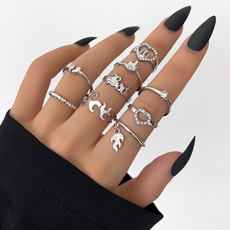 Fashion Gaya Keren Mode Pribadi Sederhana Cincin Api Cinta Daun Surat Sayap Cincin 9-Piece Set