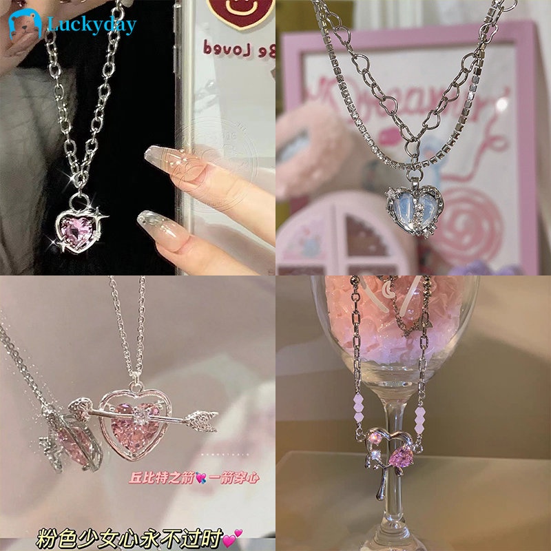 Y2k Merah Muda Zirkon Liontin Kalung Choker Untuk Wanita Jantung Perak Rantai Kalung Manis Aksesoris Perhiasan