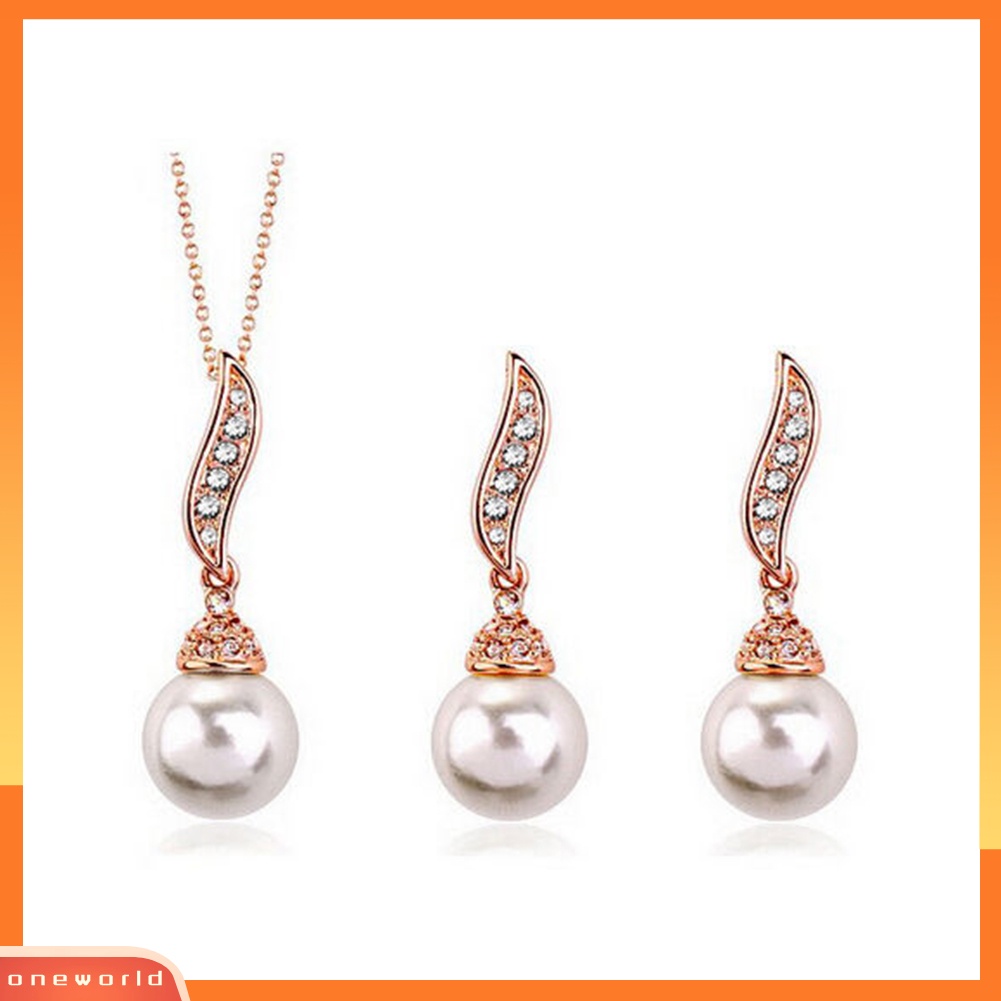 OW@ Bridal Women Necklace Faux Pearl Rhinestone Charms Wedding Earrings Jewelry Set