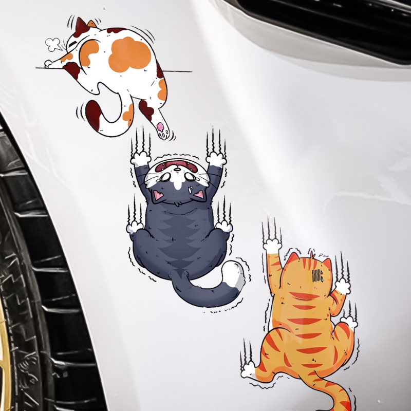 3pcs/set Climbing Cats Animal Styling Stickers/Perekat Diri Kartun Kucing Scratch Cover Decals/Aksesoris Dekorasi Body Mobil