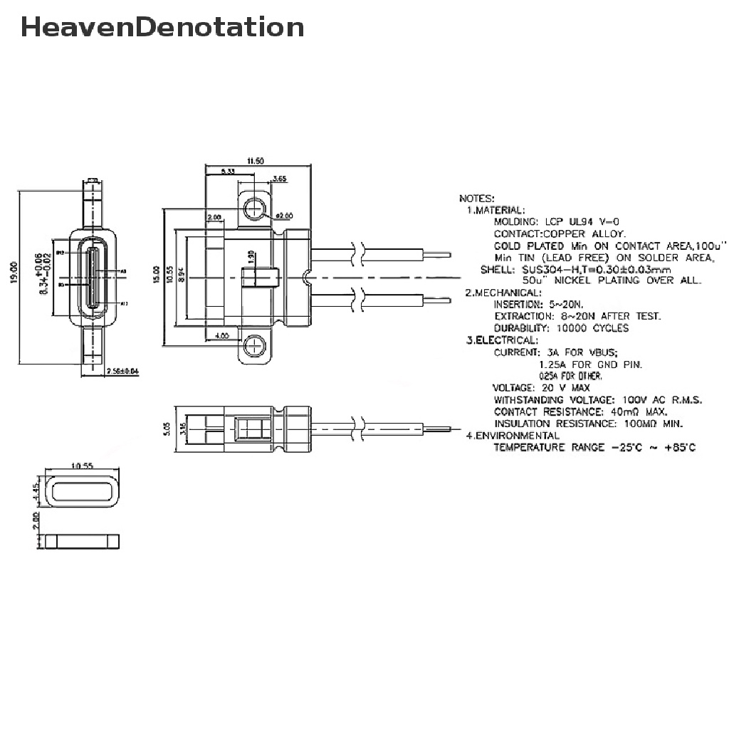 [HeavenDenotation] Typec 2Pin Port Soket USB C Perempuan Tahan Air Dengan Lubang Sekrup Pengisian Daya Cepat Antarmuka Pengisian Konektor USB Dengan Kabel H11.5mm HDV