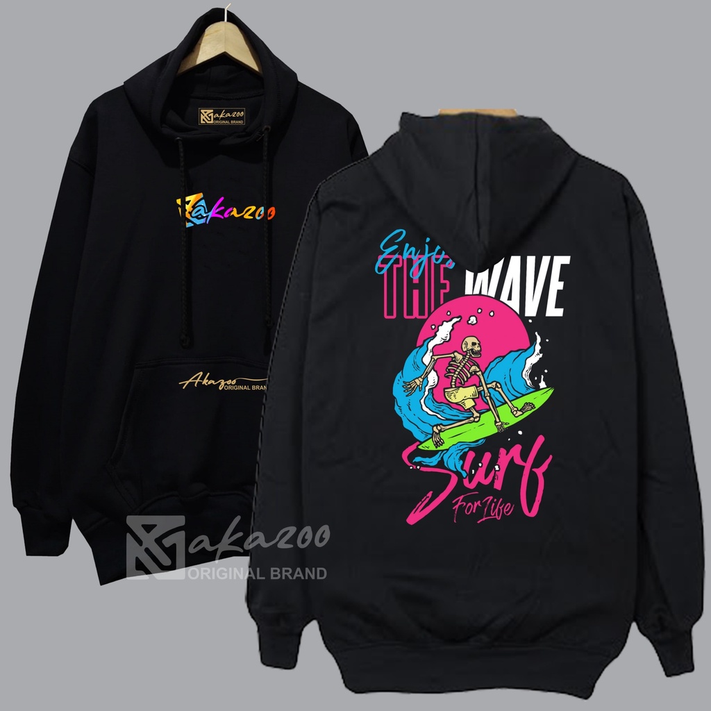 hoodie pria distro terbaru 2023 akazoo ENJOY THE WAVE SKATE gambar sablon blakang switer cowok kekinian