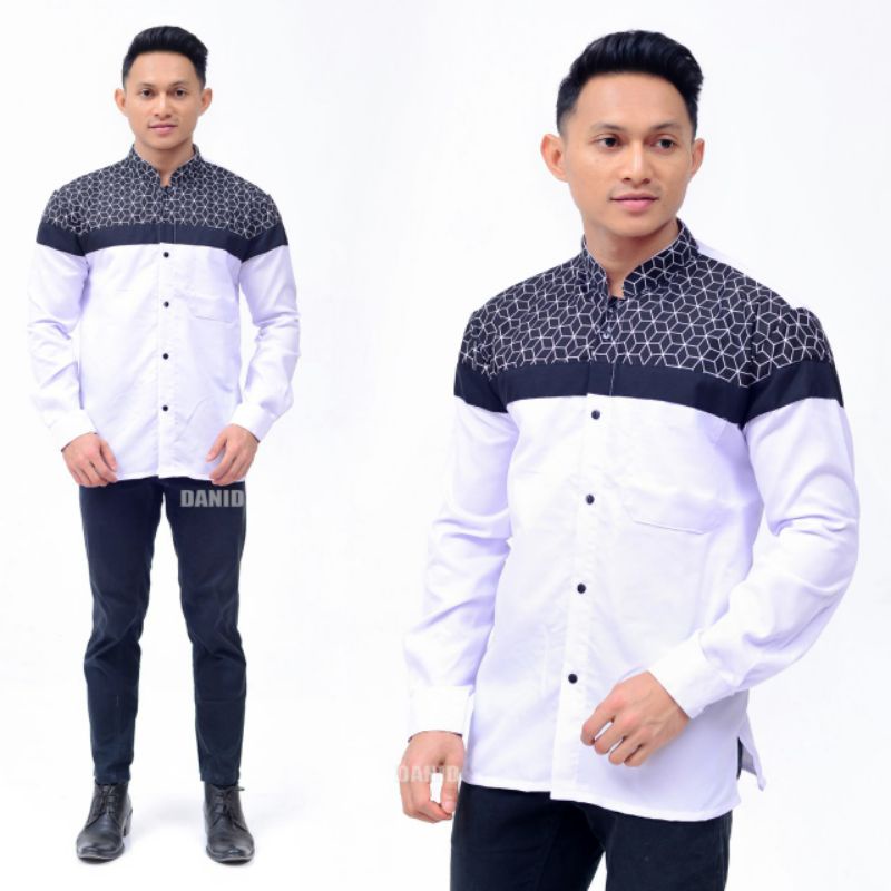 BAJU KOKO ORIGINAL HILWA MOTIF FALCON WARNA PUTIH KOMBINASI BATIK TERBARU