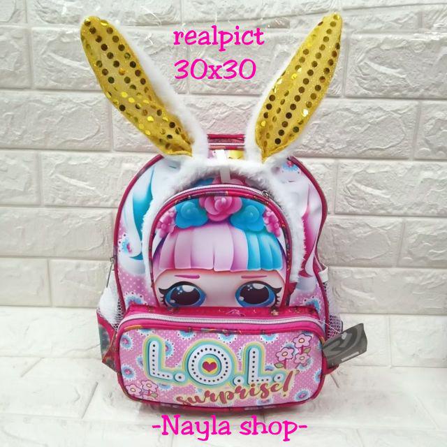 &quot;aurabagss&quot; - Tas Anak Perempuan BUNNY LOL Mix Bando LED Printing Ransel Sekolah Anak Perempuan PAUD TK Cute Imut Keren