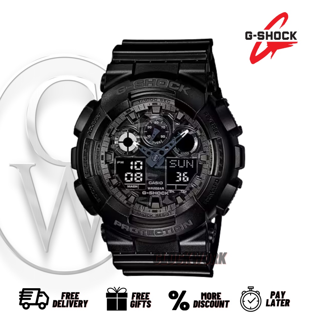 Jam Tangan Pria Casio G-shock GA-100CF-1A / GSHOCK GA 100CF 1A Analog Digital Full Black Camouflage 