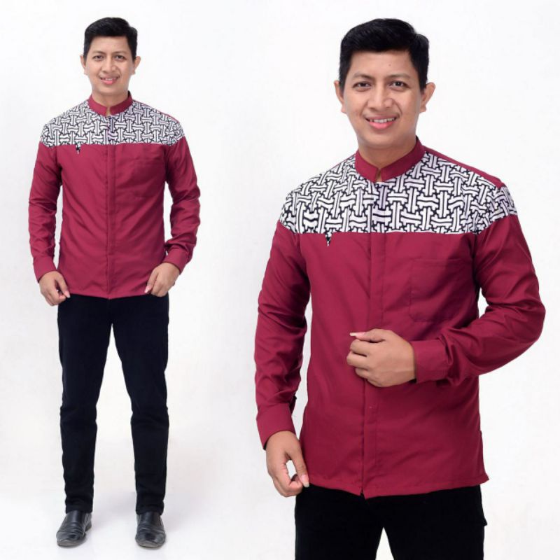 kemeja KOKO SANGHAI LENGAN PANJANG kombinasi motif batik hitam abu maron coklat putih hitam nabi biru