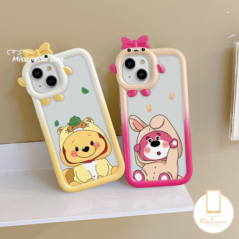 IPHONE 3d Bow-knot Little Monster Lens Cute Strawberry Bear Manyo Case Kompatibel Untuk Iphone11 13 12 14 Pro Max 7 6 14 6s 8 Plus XR X XS Max SE 2020 Lembut Indah Winnie The Pooh Cover