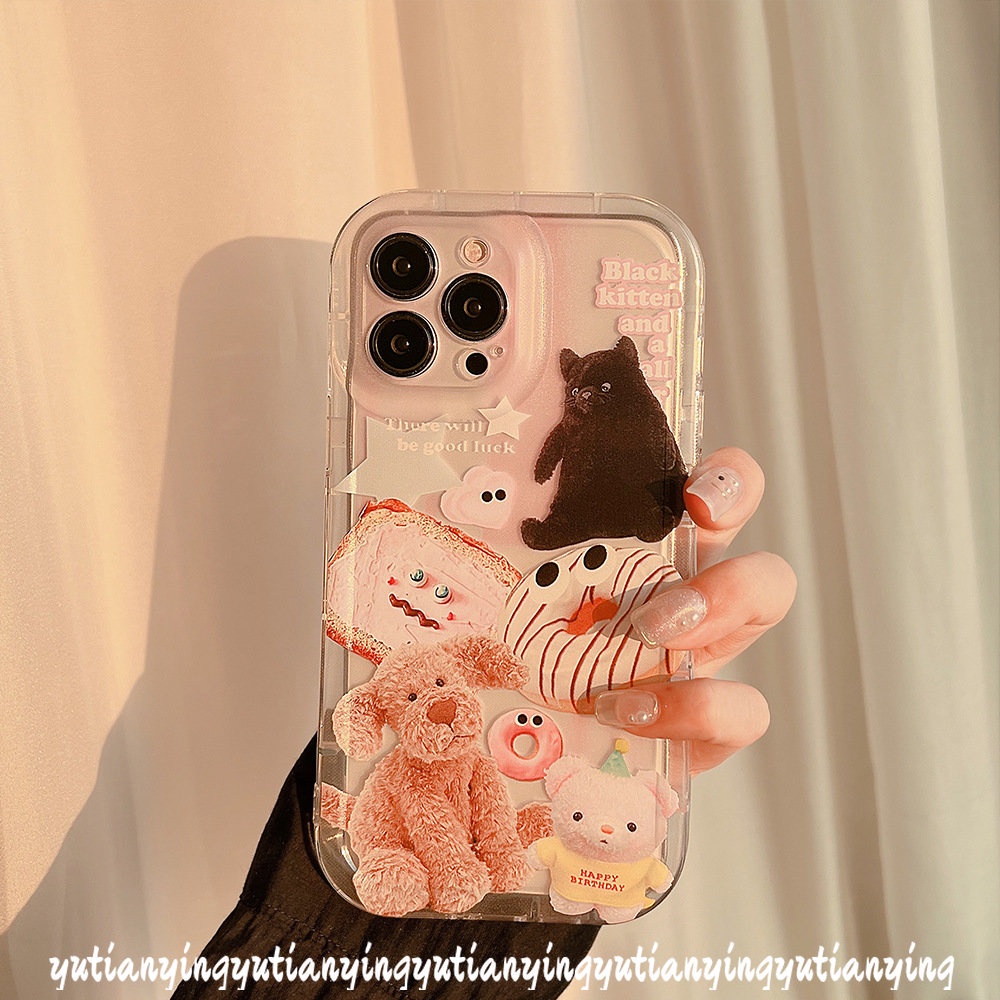 IPHONE  Ins Hewan Lucu Stiker Ponsel Case Kompatibel Untuk Iphone6 6S 7 8 Plus XR 11 13 14 12 Pro Max X XS MAXCartoon Boneka Beruang Anjing Kucing Transparan Airbag Shockproof Lembut TPU Penutup Belakang