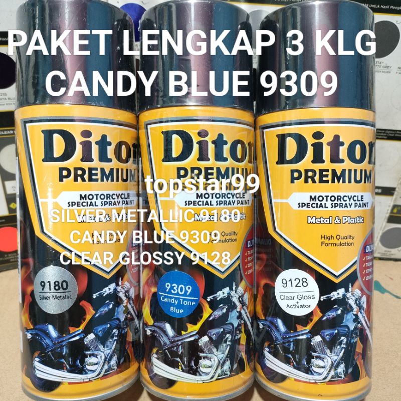 Diton Premium Paket Lengkap 3 Kaleng 400cc Biru Candi Candy Blue 9309 Silver Metalic 9180 Clear Glossy 9128 Pilox Pilok Cat Semprot Spray Paint