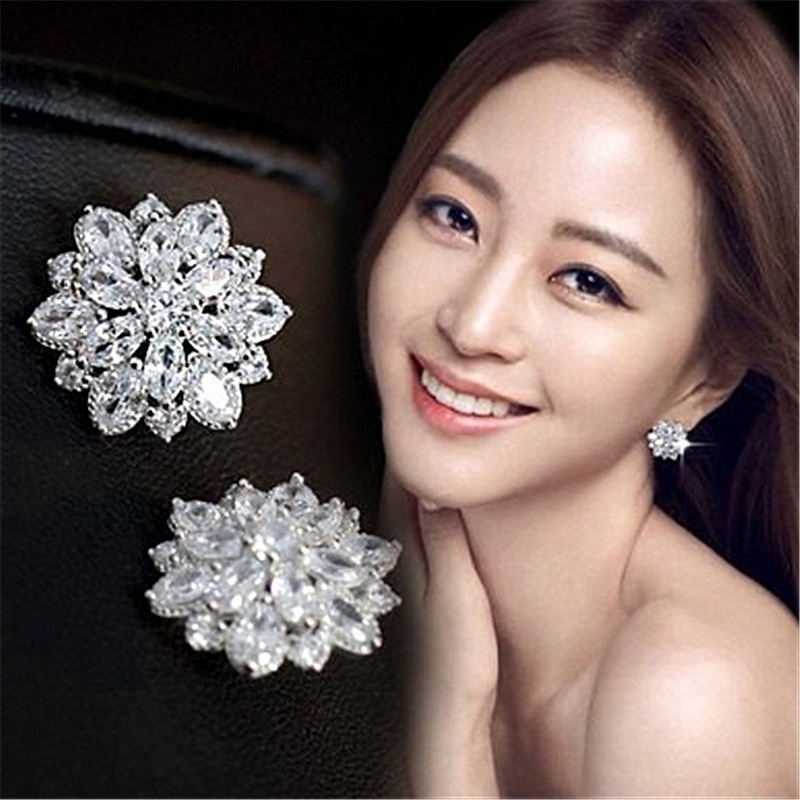 Anting Zircon Bentuk Bunga Matahari Sun Flower | Anting Tusuk Bentuk Snowflake Aksen Berlian Imitasi Untuk Wanita | Aksesoris Wanita | Sendok Garpu Bahan Stainless Steel | Bahan Titanium Steel