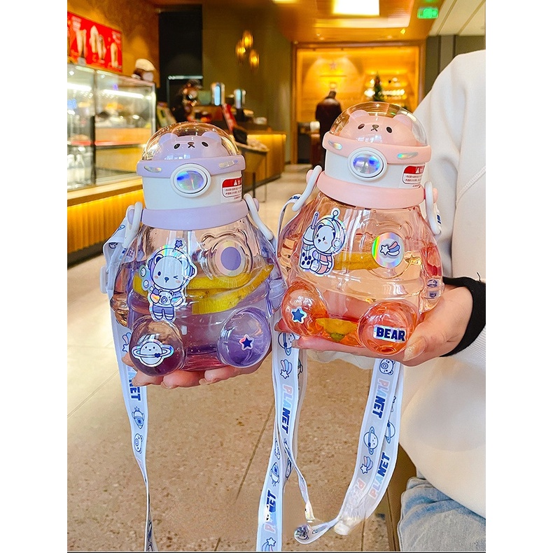 Indah Dirgantara Beruang Perut Gelas Plastik Diagonal Straddle Strap Straw Water Bottle DIY Siswa Minum Cangkir Air Di Sekolah