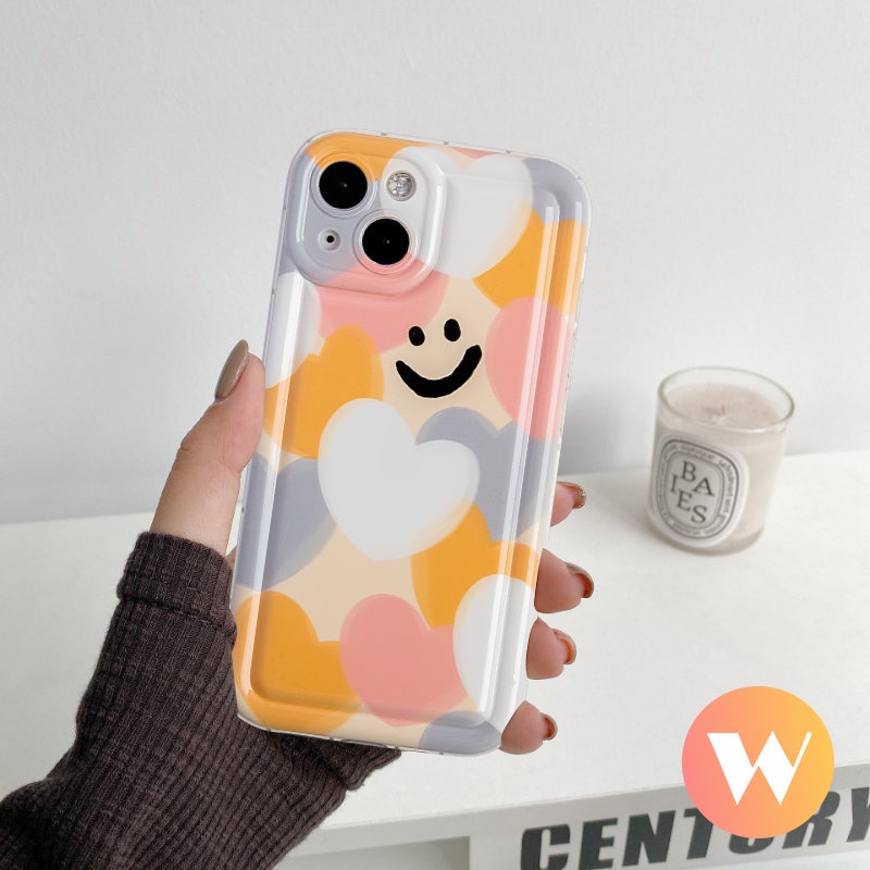 IPHONE Warna-warni Cinta Hati Shockproof Airbag Kartun Case Kompatibel Untuk Iphone11 12 14 13 Pro MAX XR X 6 6S 7 8 Plus XS MAX SE 2020 Pelindung Kamera Smiley Lucu Lembut TPU Back Cover