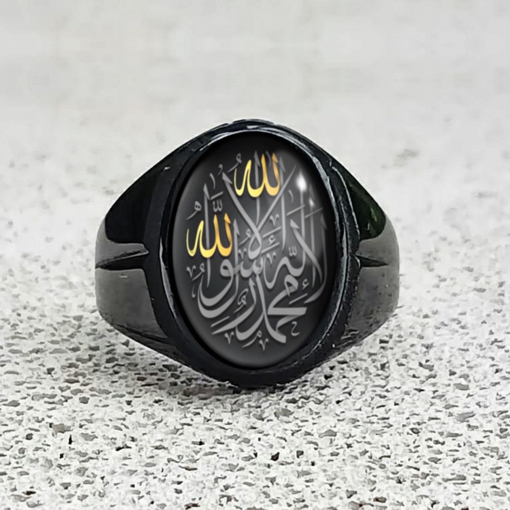 PREMIUM - CINCIN TITANIUM PRIA LAFADZ TAUHID ALLAH ISLAM MUSLIM BATU KACA CEMBUNG ANTI KARAT TIDAK LUNTUR KODE AKIK MODEL M