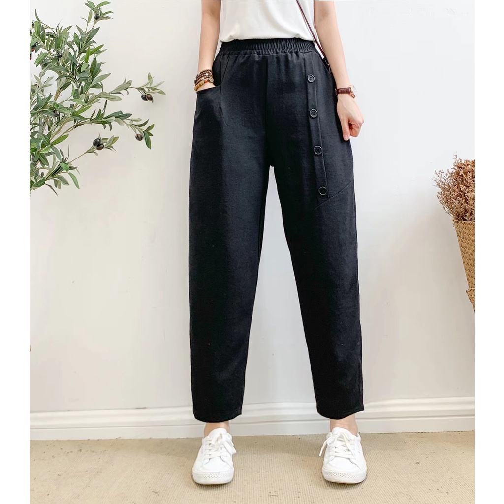 Stok bersih! Impor Unik Katun Celana Dipotong Wanita Celana Kasual Pinggang Tinggi Cropped Trousers Pants