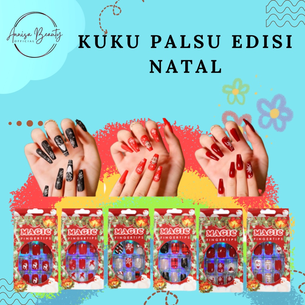 [100%ORIGINAL] 24 Pcs Kuku Palsu Motif Natal Free Lem 2gr/Fake Nail 3d Kuku Palsu Christmas Untuk Manicure